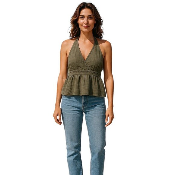 American Eagle Outfitters Tops - American Eagle Women's Halter Top Olive Green Medium V-Neck Peplum Waist Boho